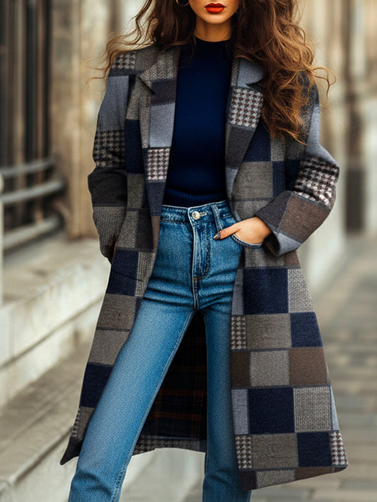 Vintage Lapel Collar Plaid Patchwork Wool Long Coat