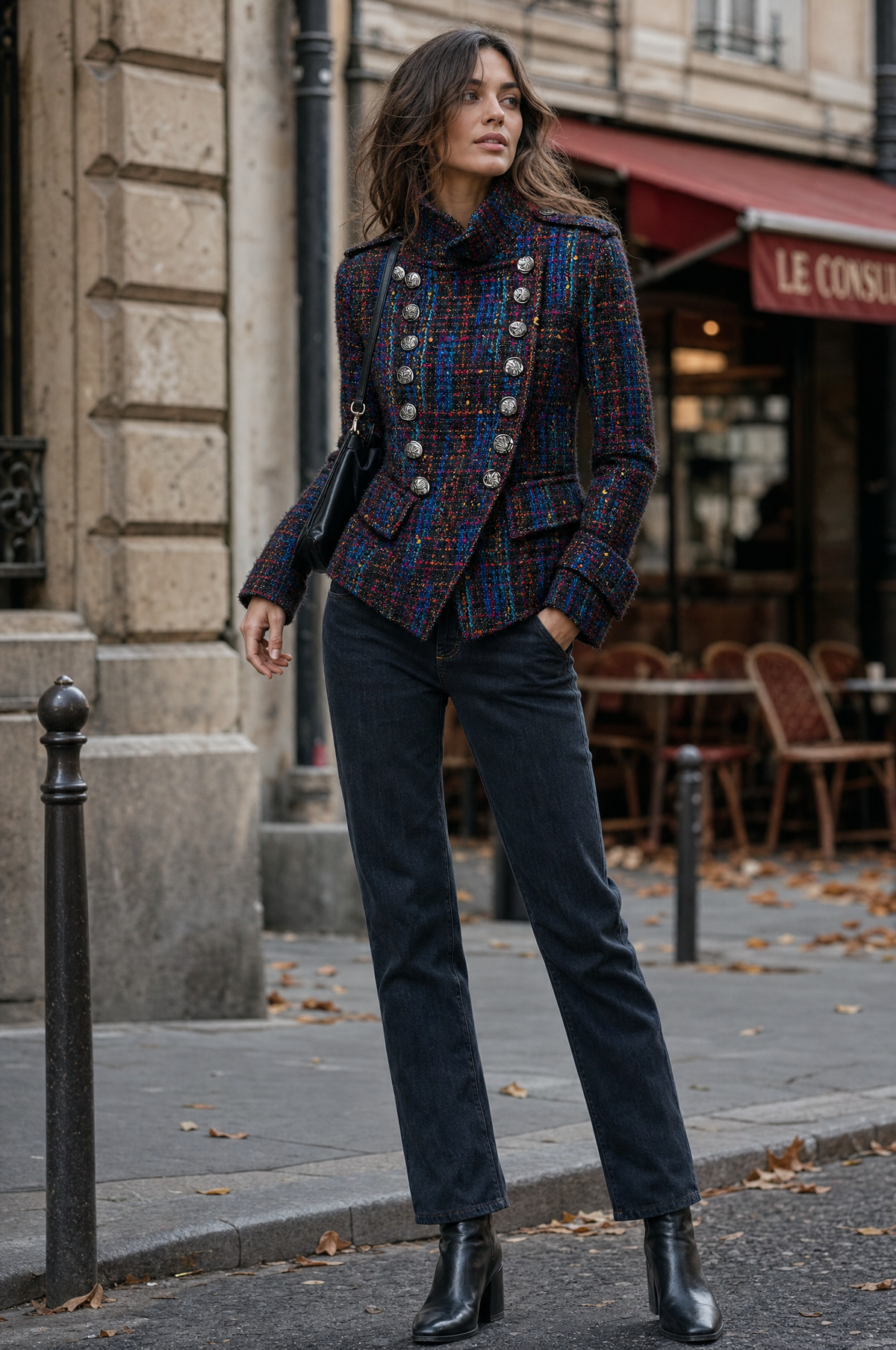 Retro Tweed Military Style Double-Breasted Coat with Metal Buttons