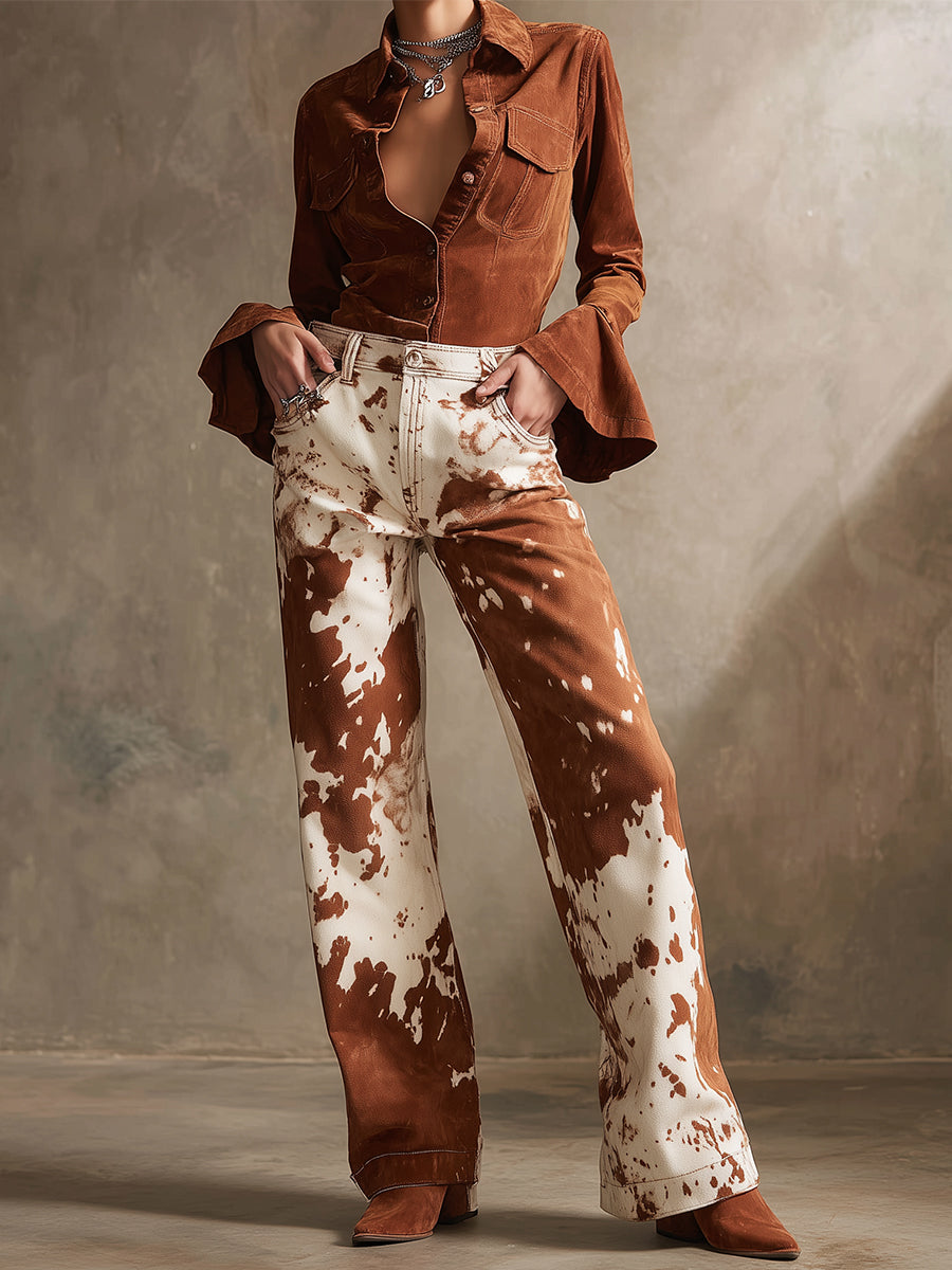 Vintage Suede Flared Long Sleeve Flap Pocket Blouse