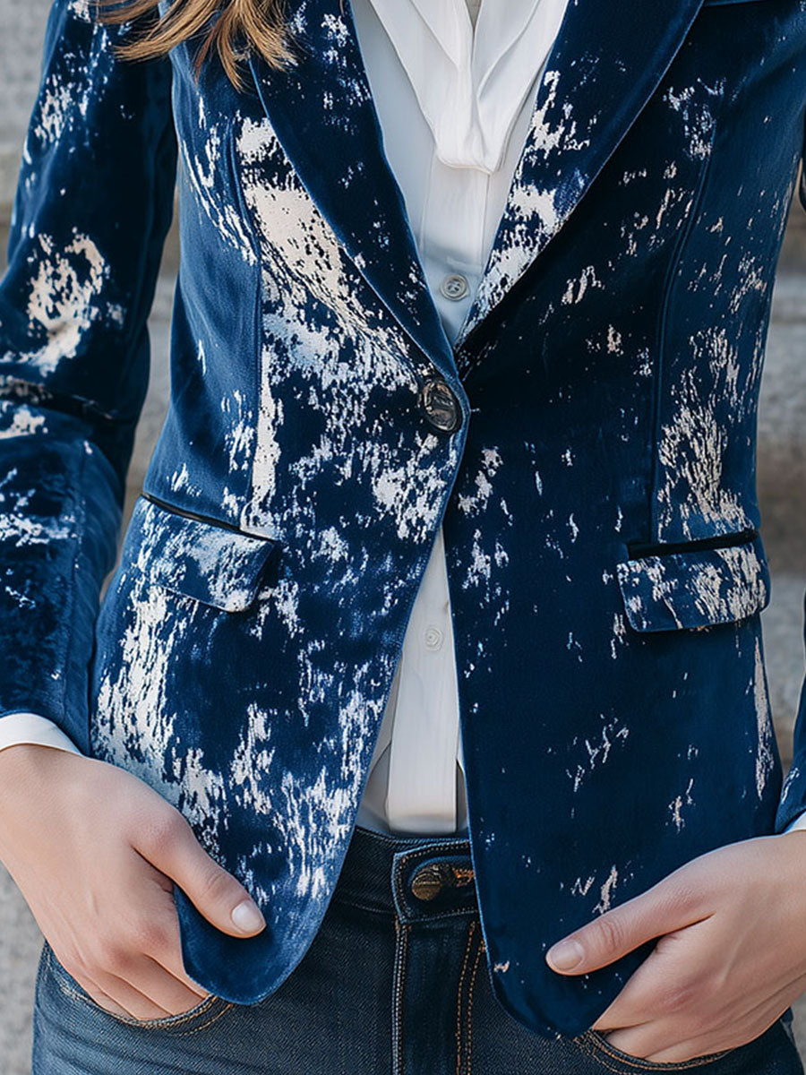 Chic Midnight Blue Shimmering Marble Effect Crushed Velvet Blazer