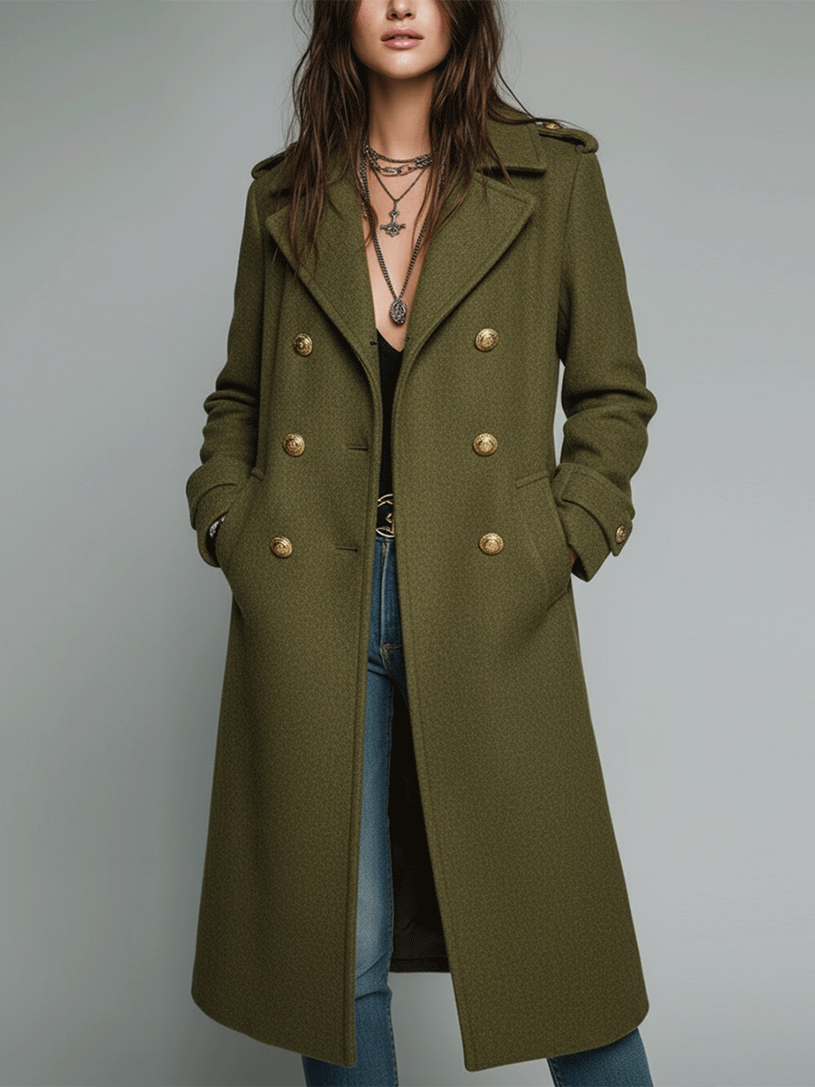 Vintage Olive Green Long Wool Blend Gold Buttons Trench Coat