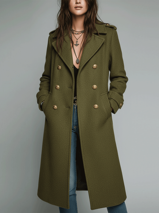 Vintage Olive Green Long Wool Blend Gold Buttons Trench Coat