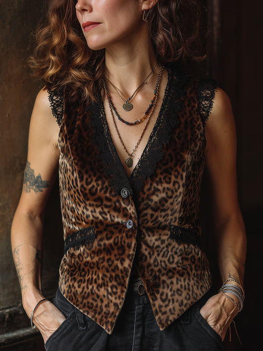 Vintage Leopard Print Lace Patchwork Slim Vest