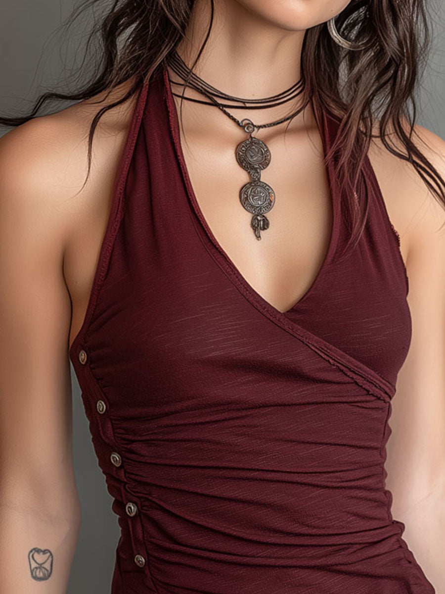 Retro Burgundy Halter Button-Side Ruched Top With Lace Hem