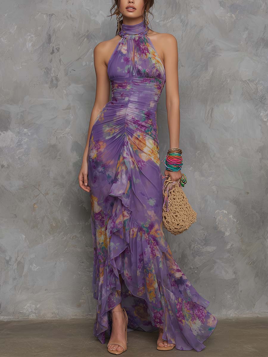 Boho-Elegant Floral Halter Chiffon Maxi Dress