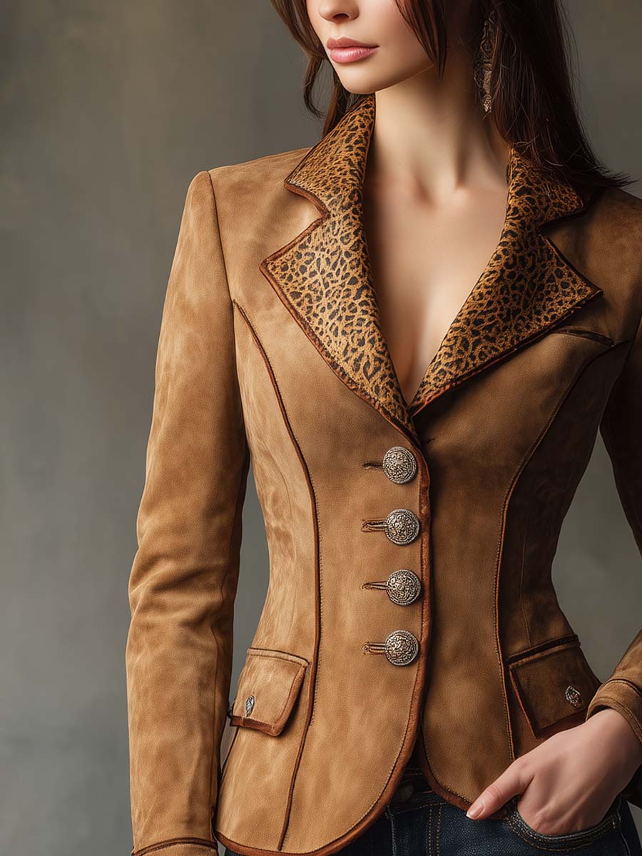 Retro Leopard Print Collar With Contrasting Trim On Polyester Suede Blazer