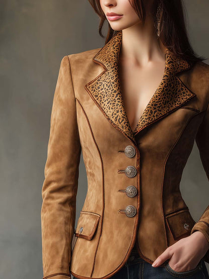 Retro Leopard Print Collar With Contrasting Trim On Polyester Suede Blazer