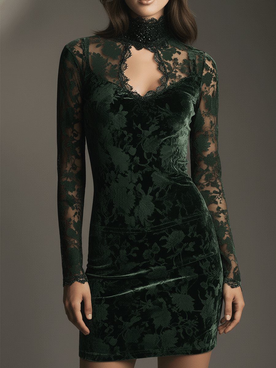 Gothic Bohemian Emerald Velvet Lace Mini Dress