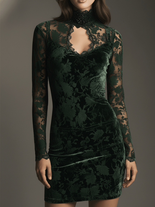 Gothic Bohemian Emerald Velvet Lace Mini Dress