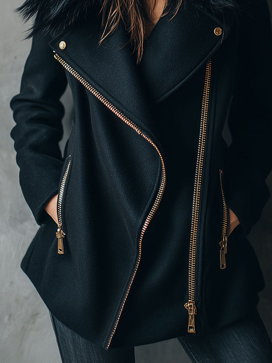 Black Eco Fur Collar Wool Blend Asymmetrical Zip Moto Coat