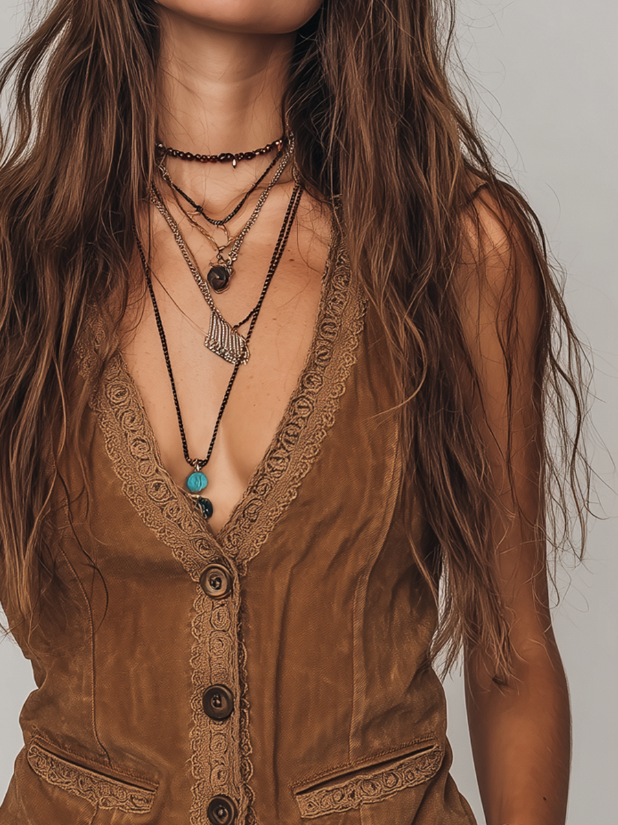 Vintage Lace Trim Distressed Suede Vest