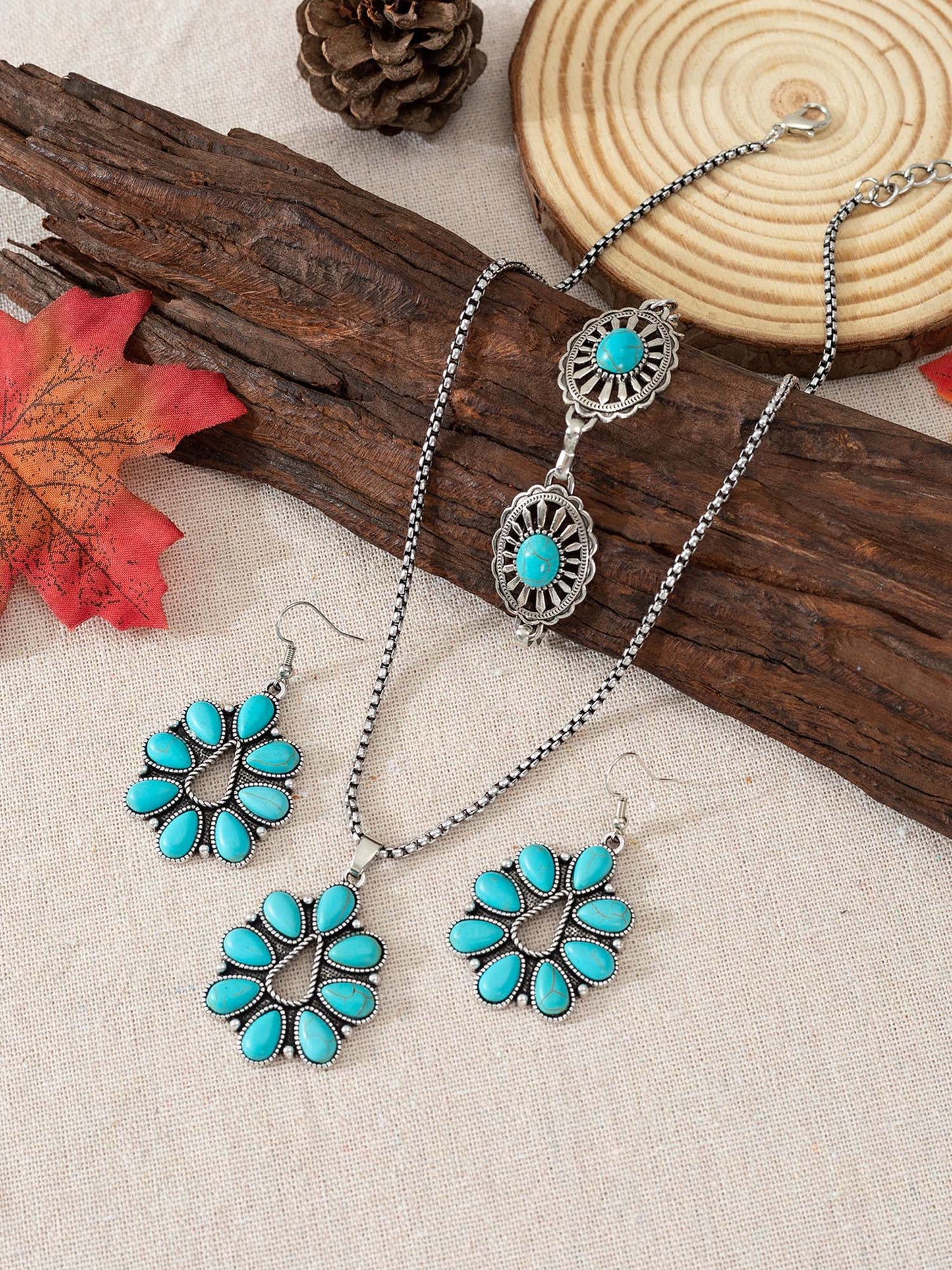 Vintage Western Turquoise Teardrop Necklace Earrings Bracelet Set