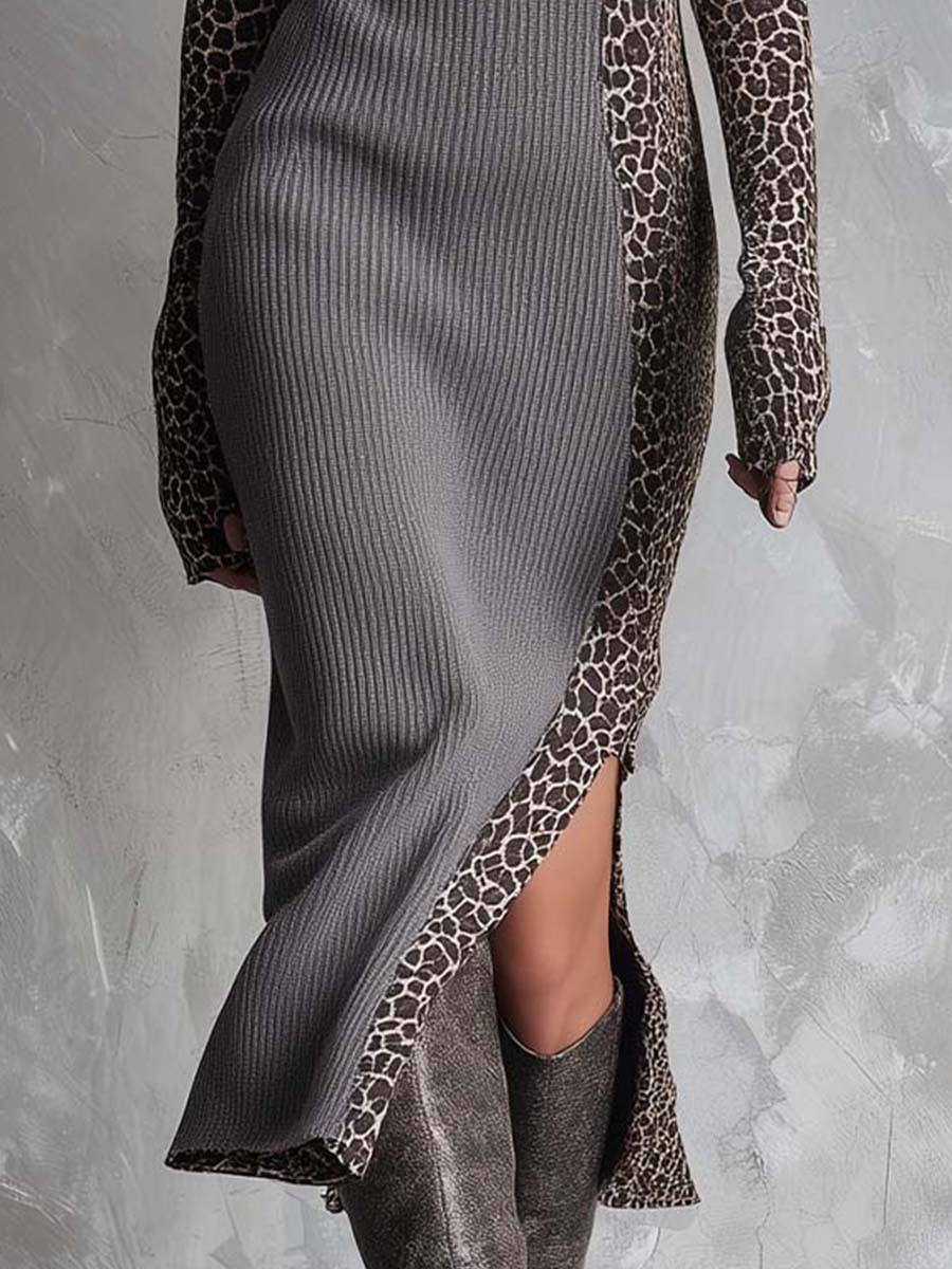 Leopard Print Patchwork Ribbed Knit Midi Dress