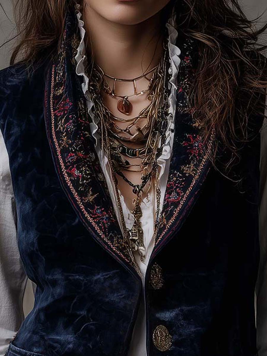 Navy Velvet Embroidered Lapel Vest
