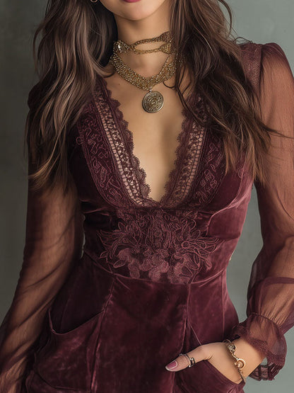 Vintage Burgundy Velvet And Lace Mini Dress With Sheer Sleeves