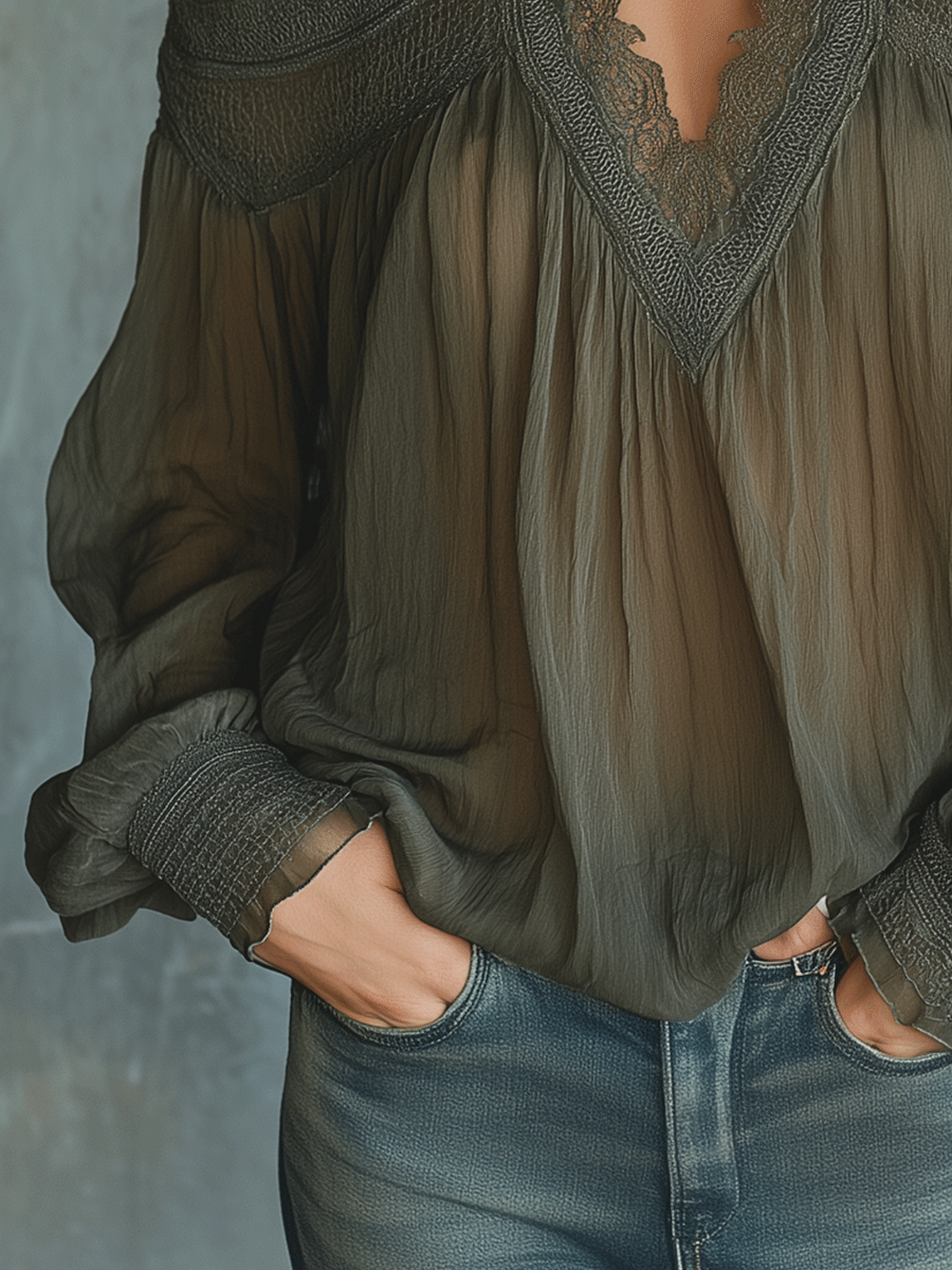 Boho V-Neck Off-Shoulder  Olive Lace Blouse