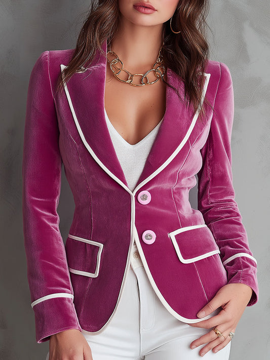 Vintage Tailored Bright Pink Velvet Blazer With White Piping