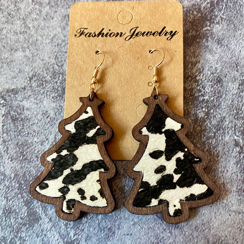 Xmas Tree Wood Bezel Cheetah Print Genuine Leather Christmas Earrings