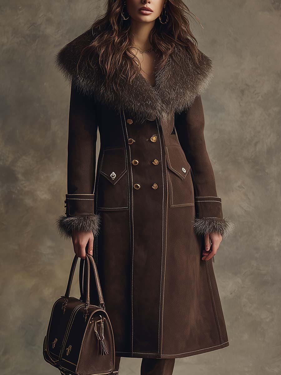 Vintage Brown Eco-Suede Double-Breasted Coat With Faux Fur Collar