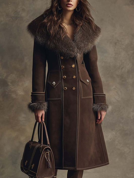 Vintage Brown Eco-Suede Double-Breasted Coat With Faux Fur Collar