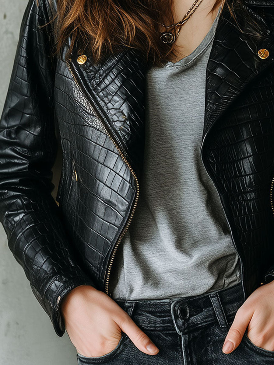 Black Croc-Embossed Eco Leather Moto Jacket