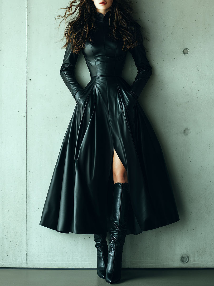 Stylish Stand Collar Black Eco Leather Flared Dress With Side Slit And Pockets
