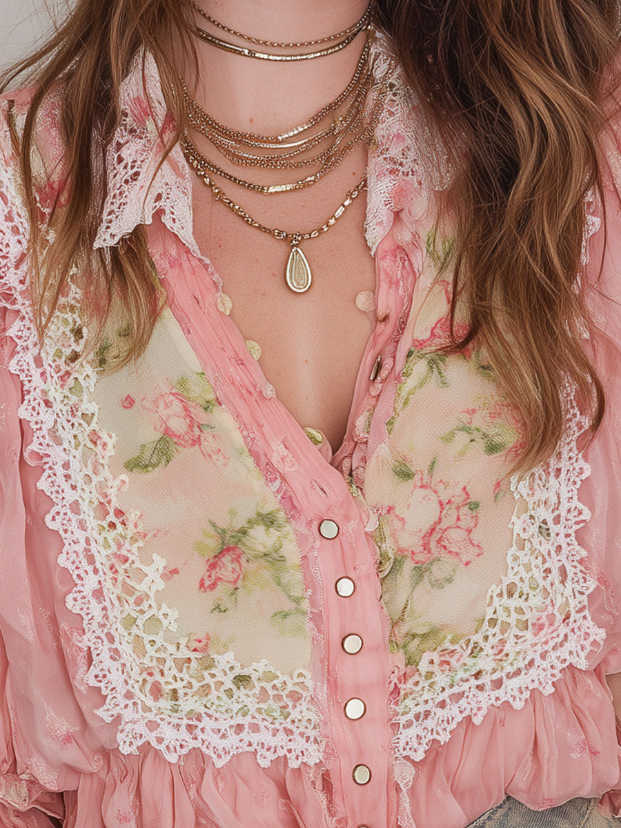 Retro Lace Trim Printed Chiffon Long Sleeve Blouse