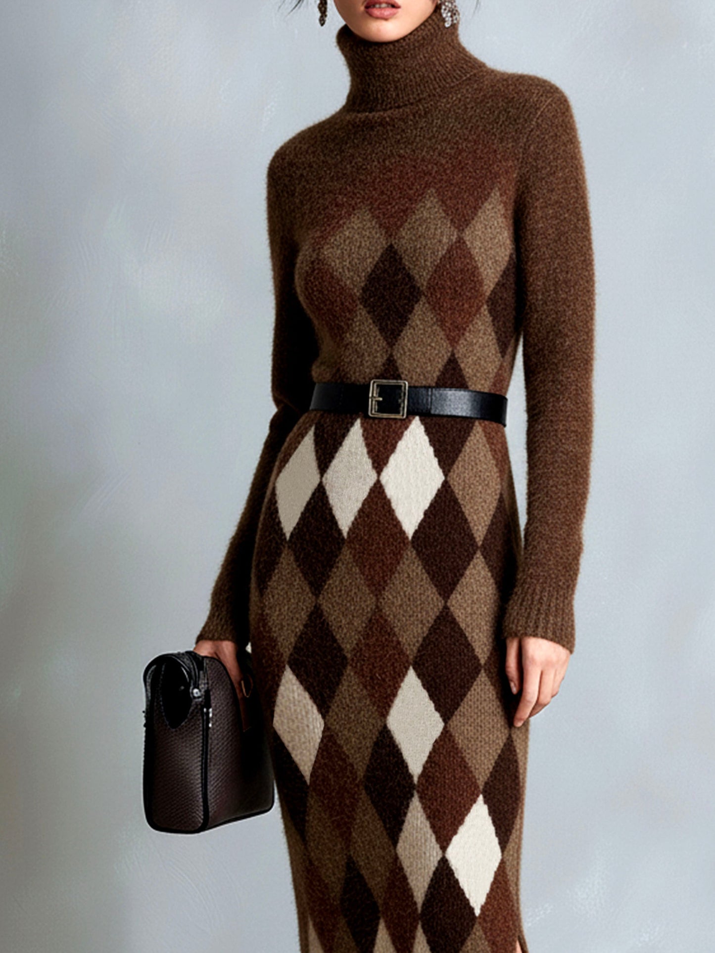Brown Tones Fuzzy Argyle Turtleneck Knit Sweater Dress
