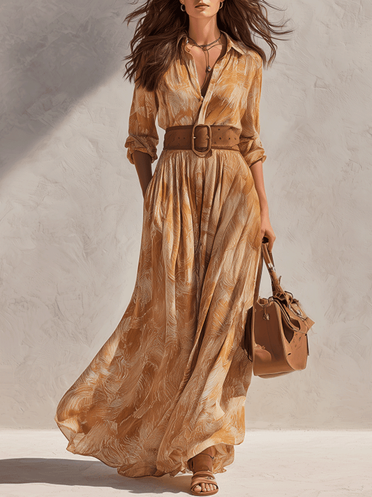 Bohemian Amber Print Flowy Belted Shirt Maxi Dress