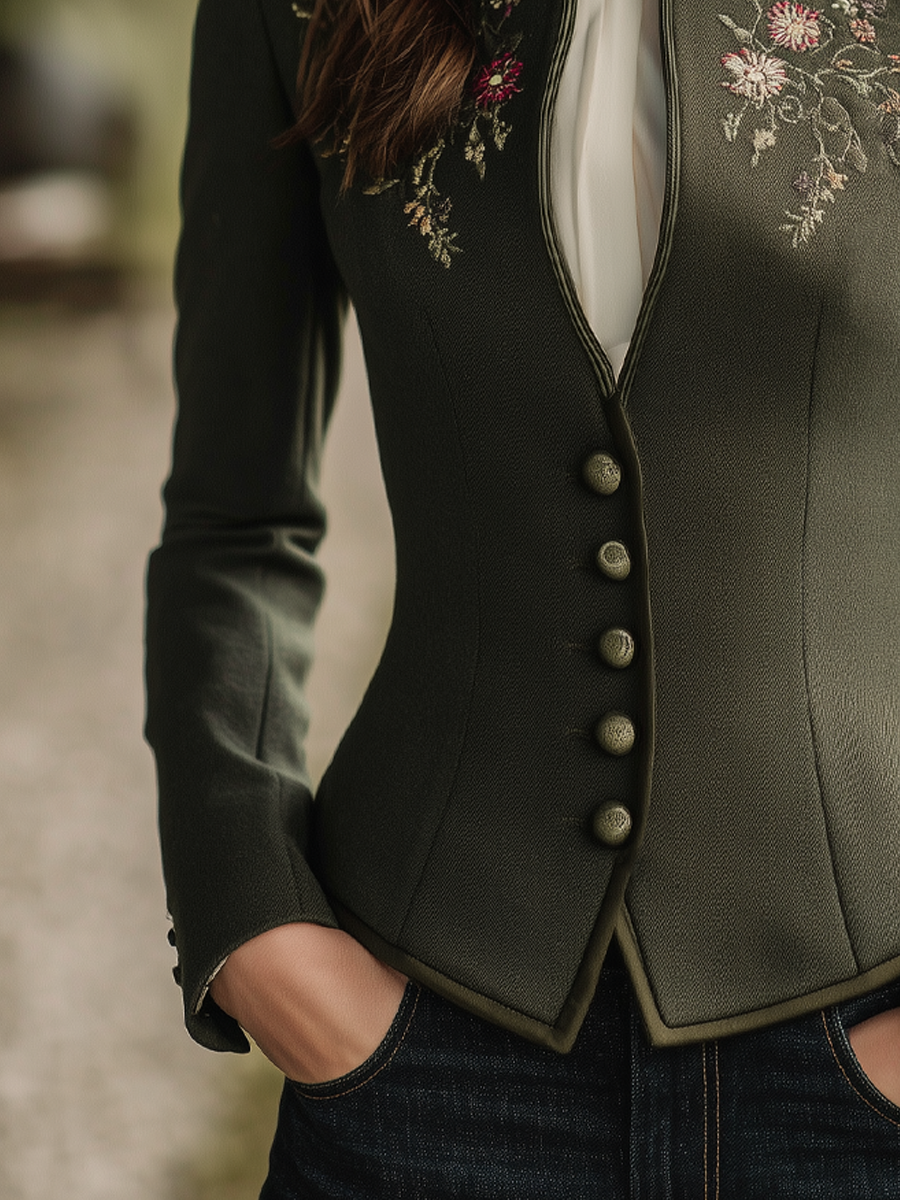 Vintage Floral Embroidered Stand Collar Jacket