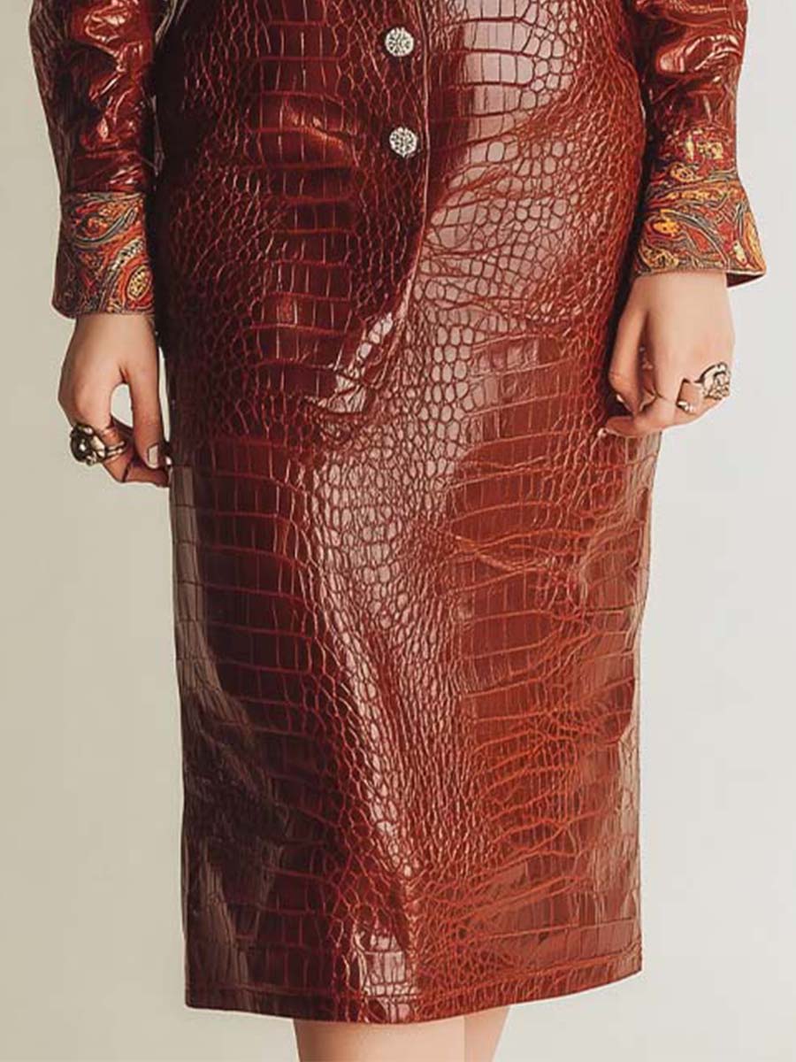 Vintage Western Eco-Crocodile Textured Leather Shirt Dress