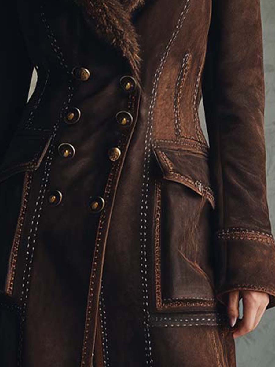 Vintage Brown Eco-Suede Coat with Full Shearling Lining and Fur Collar