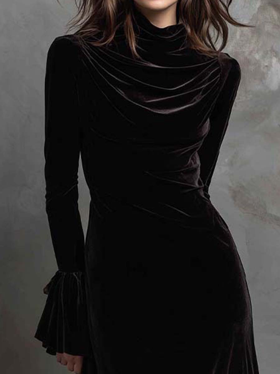 Black Velvet High-Neck Asymmetric Maxi Dress