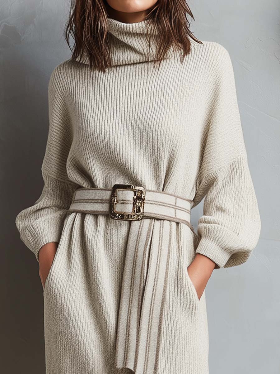 Cozy Knit Turtleneck Midi Dress With Matching Knit Belt
