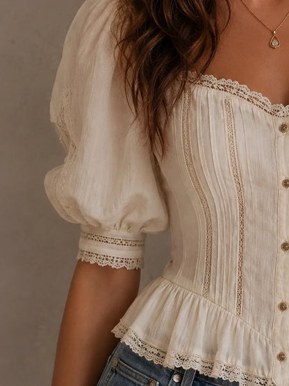 Ivory Puff Sleeve Lace Corset Peplum Top