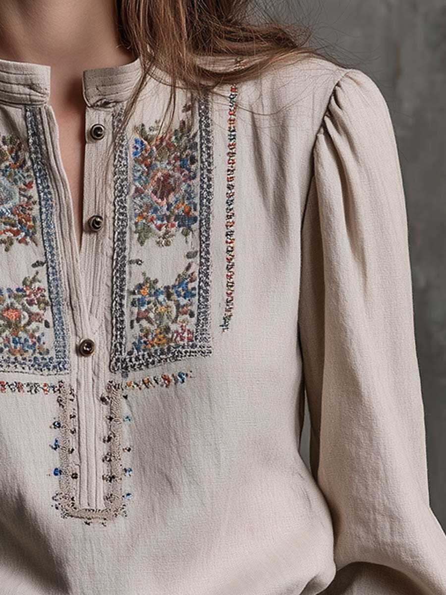 Vintage Embroidered Boho Linen Blouse