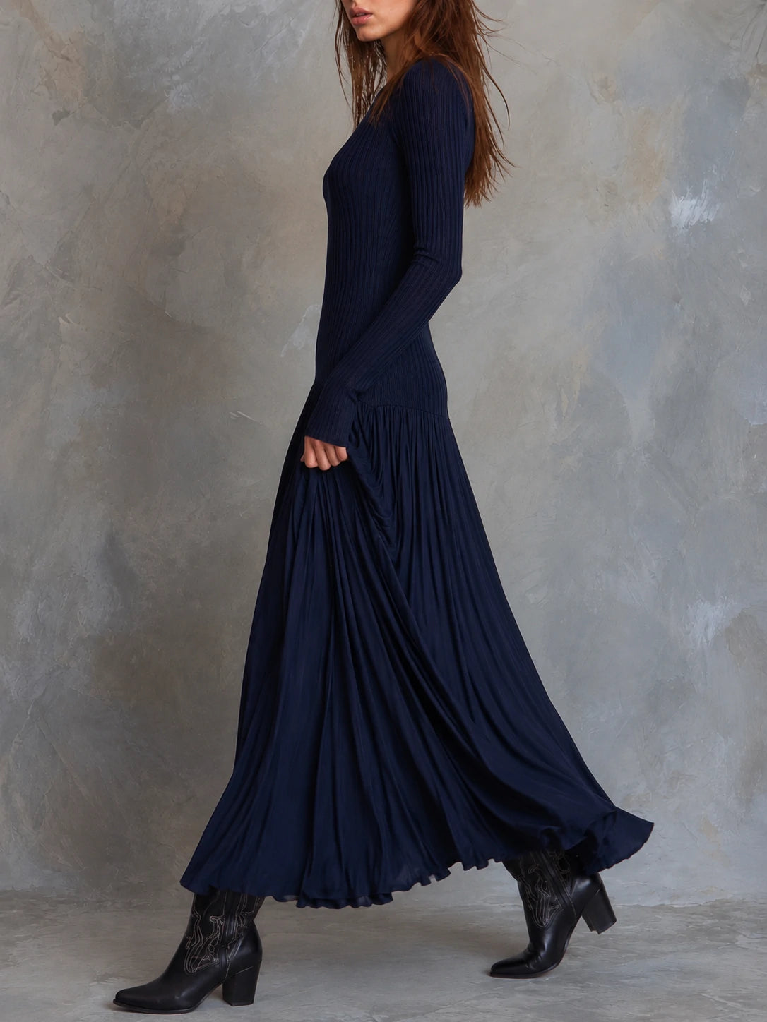 Ribbed Knit And Pleated Chiffon Midi Dress