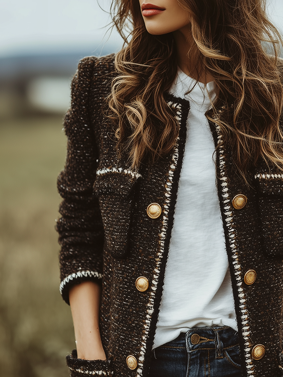 Vintage Contrast Trim Chanel Style Mid-Length Jacket