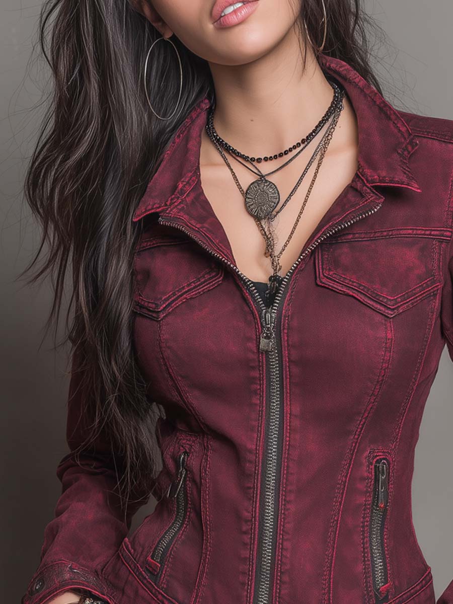 Vintage Distressed Zipper Pocket Denim Jacket