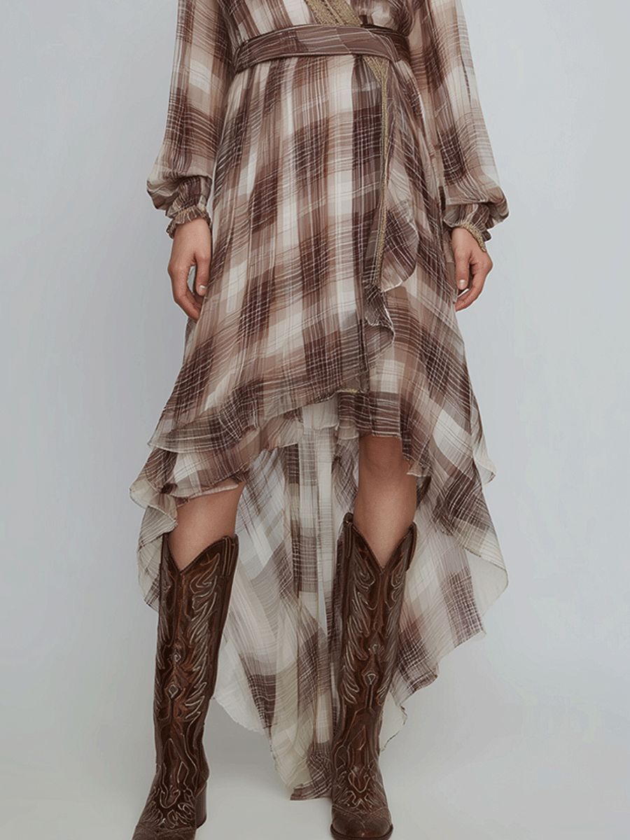 Romantic Soft Plaid Ruffle Chiffon Maxi Dress