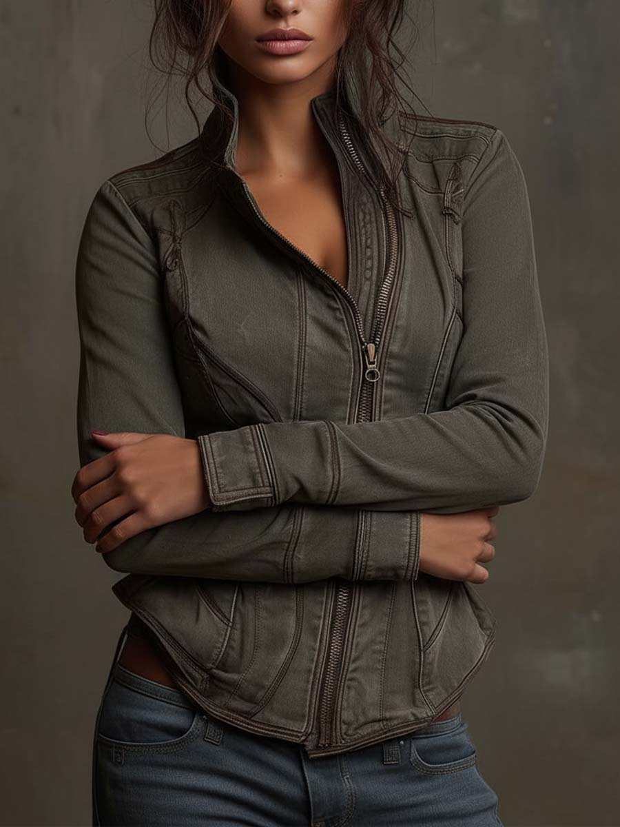 Vintage Washed Denim Fitted Jacket – Smoky Olive