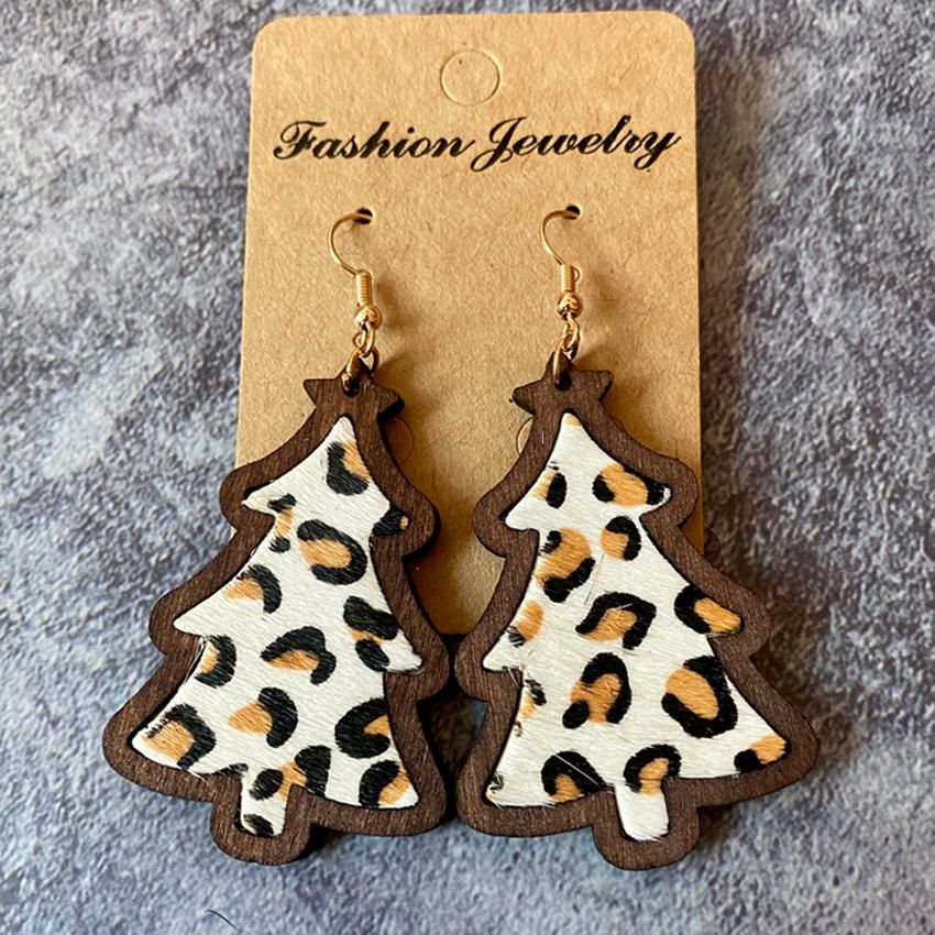 Xmas Tree Wood Bezel Cheetah Print Genuine Leather Christmas Earrings