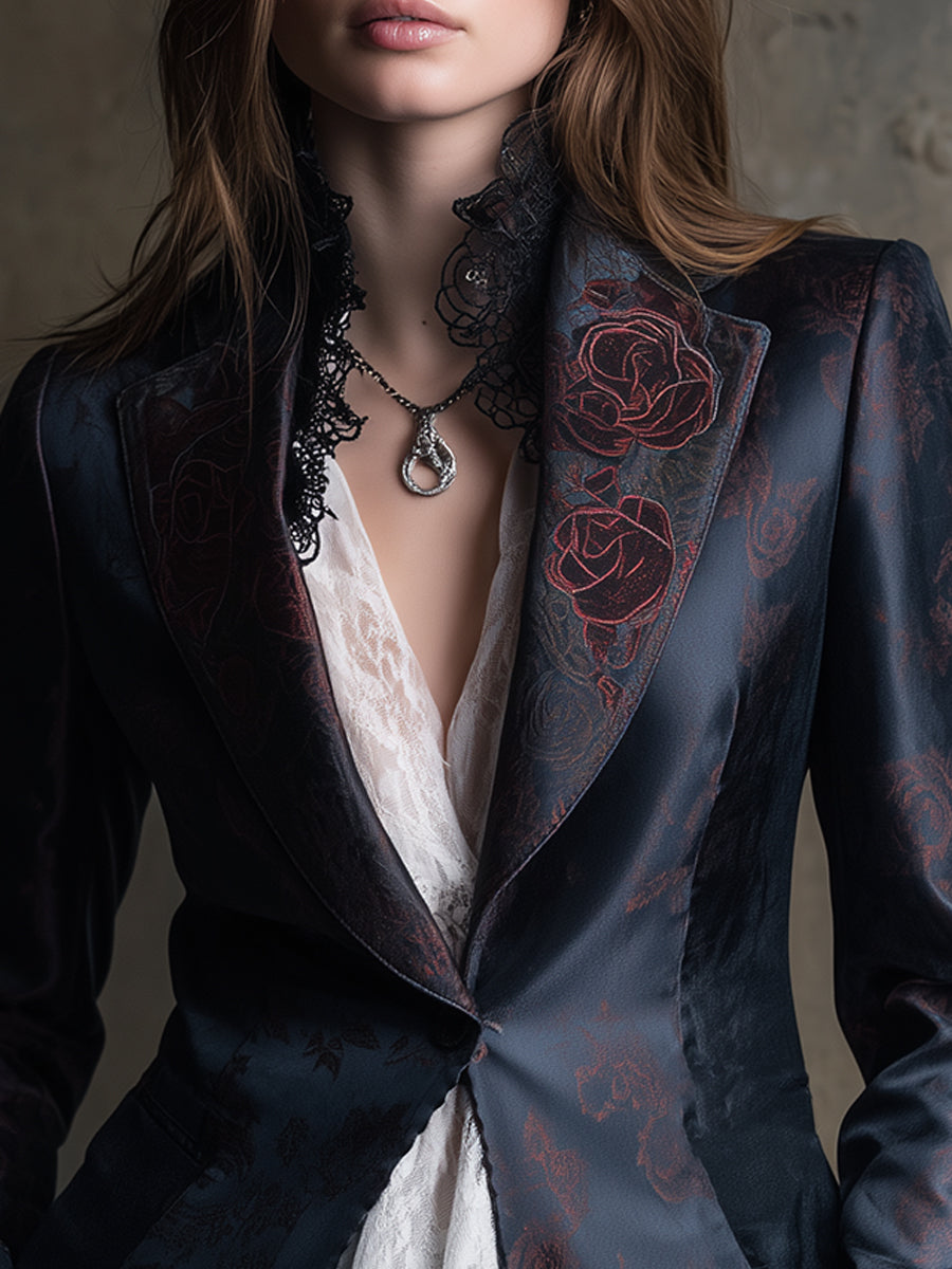Quiet Luxury Matte Satin Printed Lace Blazer