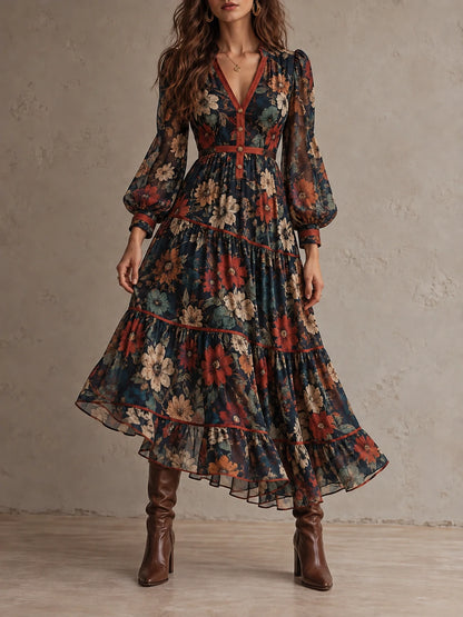 Vintage Floral Balloon-Sleeve Tiered Midi Dress