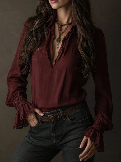 Boho V-Neck Deep Wine Red Blouse With Lace Cuffs
