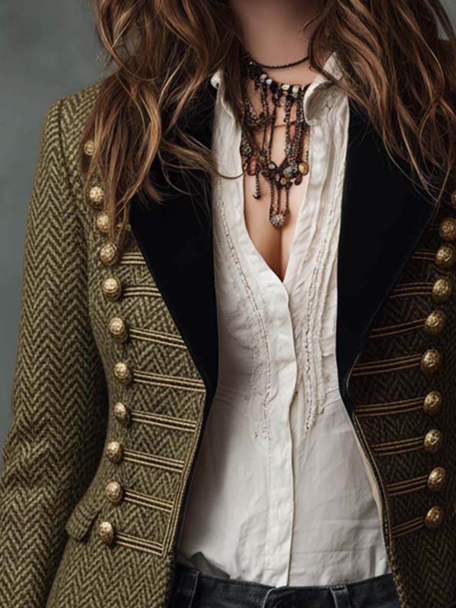 Olive Herringbone Military Blazer With Velvet Trim