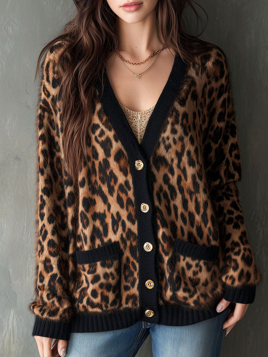 Chic Leopard Print Gold Buttons Oversized Fuzzy Knit Cardigan