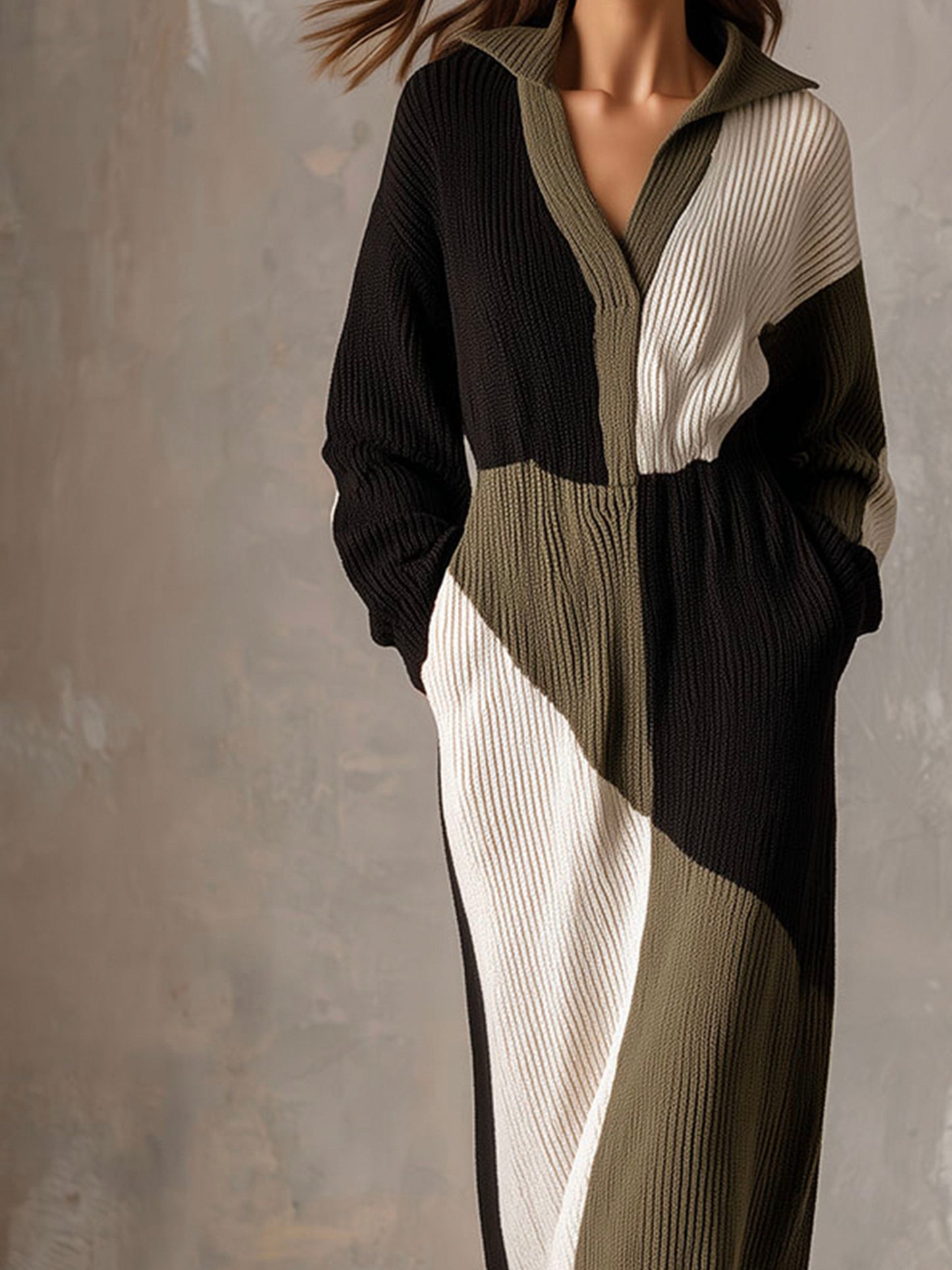 Cozy Color Block Ribbed Knit Sweater Dress