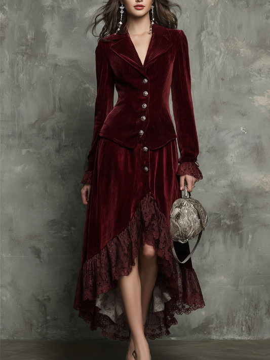 Retro Blazer Irregular Hem Skirt Set