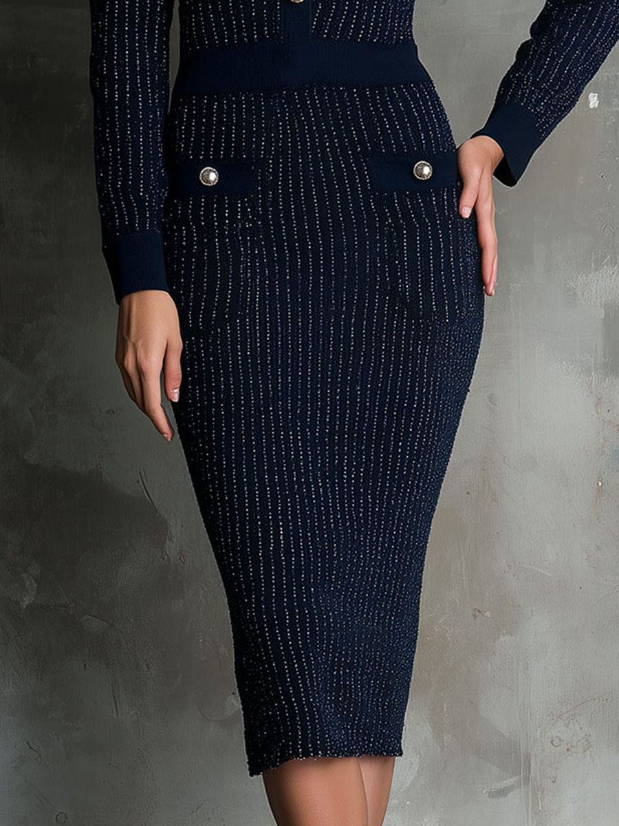 Navy Blue Luxe Knit Bodycon Dress With Shimmering Stripes
